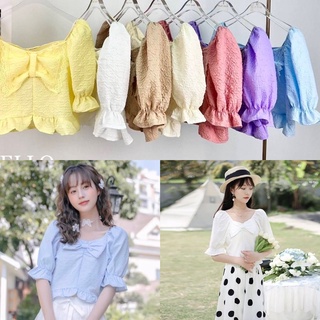 Hello Shop : เสื้อสีพื้นแขนตุ๊กตาแต่งโบว์ด้านหน้า