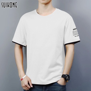 Suikone ฤดูร้อนผู้ชายเสื้อยืดแฟชั่นคอกลมสีทึบแขนสั้นสองตัวอักษรพิมพ์เสื้อยืดผู้ชาย