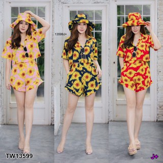 JB13599  Set 3 ชิ้น #สาวอวบ เสื้อเชิ้ตครอป+กางเกงบาบี้+หมวกบัคเก็ต