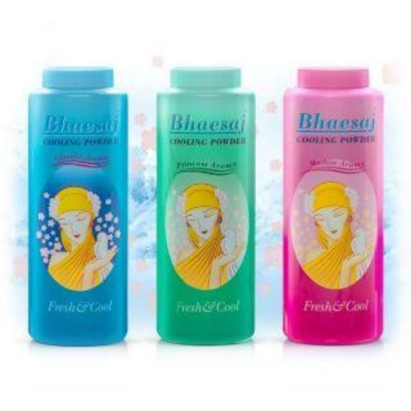 แป้งเย็นเภสัช เภสัช ขนาด 100&200 กรัมมีสีเขียวและสีชมพู สีฟ้า