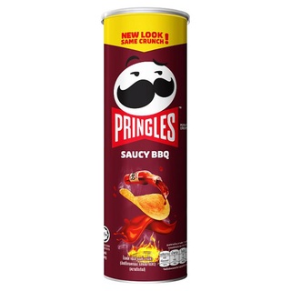 🔥ยอดนิยม!! พริงเกิลส์ มันฝรั่งทอดกรอบ รสซอสบาร์บีคิว 107กรัม Pringles Saucy BBQ Flavour Potato Crisps 107g