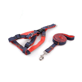 #P047 สายจูงสุนัข สายรัดอก ผ้ายีนส์ Dog Jeans Harness with leash สายจูงสัตว์เลี้ยง สายจูงแมว