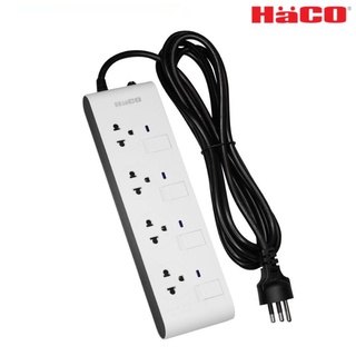 Haco ปลั๊กพ่วง รางปลั๊ก 4 ช่อง 4 สวิตซ์ 3 เมตร รุ่น EJ-4S4EB/3 Slim Design รองรับ 2300W 10A