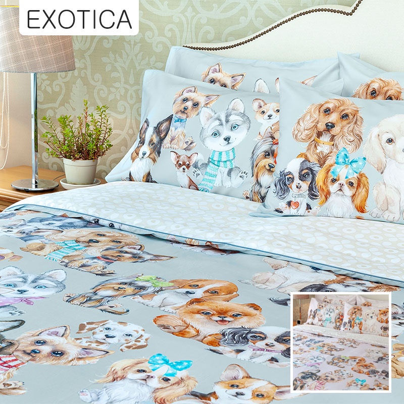 EXOTICA ชุดผ้าปูที่นอนรัดมุม + ปลอกหมอน ลาย Pup Society สำหรับเตียงขนาด 6 / 5 / 3.5 ฟุต