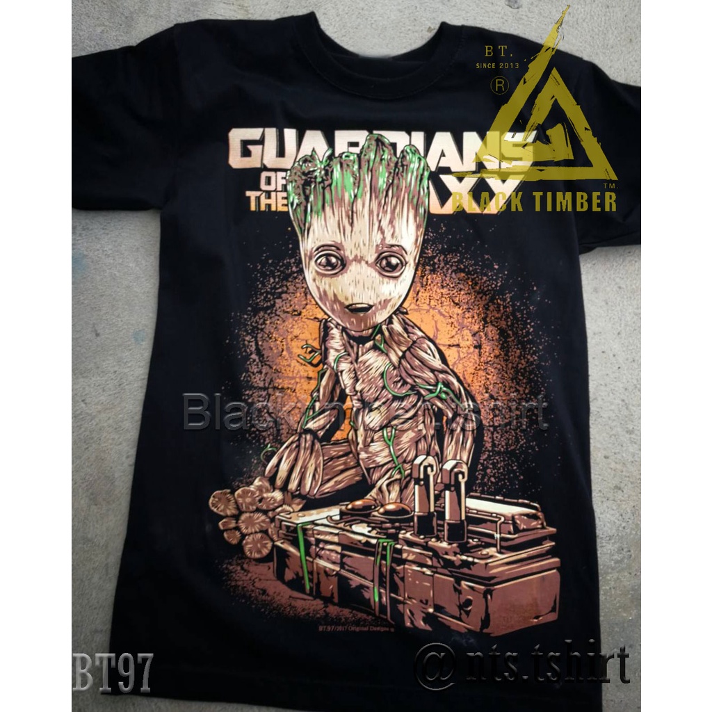 BT 97 Guardians of the Galaxy Groot เสื้อยืด สีดำ BT Black Timber T-Shirt ผ้าคอตตอน สกรีนลายแน่น S M