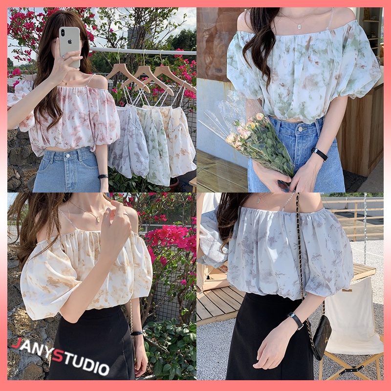 เสื้อมัดครอปมัดย้อมสายเดี่ยว ปาดไหล่ แขนพอง ดีไซน์สวย เสื้อปาดไหล่ลายดอกไม้มัดย้อม เสื้อมัดย้อมลายดอกไม้