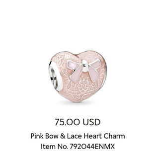 (พร้อมส่ง)*New*Pandora Pink Bow &amp; Lace Heart Charm