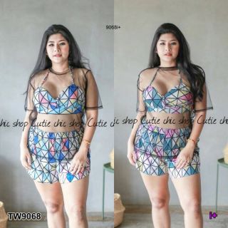 👙Set #BigSize เสื้อซีทรู + Bikini ลายตารางสามเหลื่ยม👙