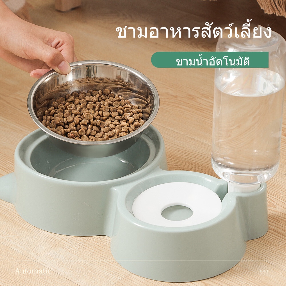 KTCAT ชามอาหารสัตว์เลี้ยง ขามน้ำอัตโนมัติ เหมาะสำหรับ แมว สุนัข ฐานรูปหูแมว ชามสแตนเลส