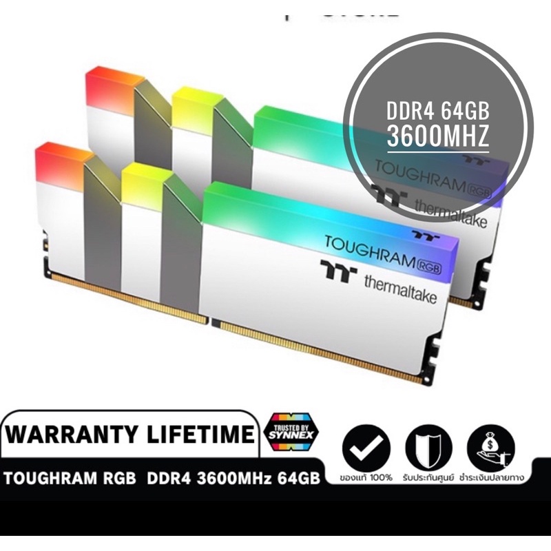 แรม Ram DDR4(3600)64GB (32GBX2) THERMALTAKE (TOUGHRAM/R022R432GX2-3600C18A/RGB White)