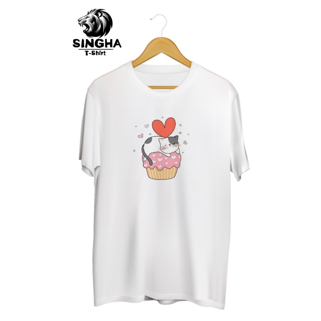 SINGHA T-Shirt Valentine's 💕 เสื้อยืดสกรีนลาย น้องแมวหัวใจคัพเค้ก