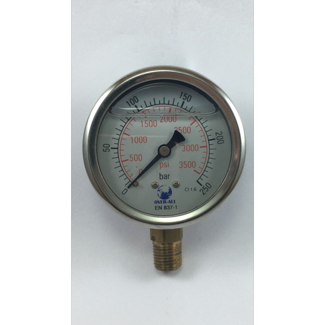 เกจแรงดัน0-250Barหน้าปัด 2.1/2" ตัวเรือนสแตนเลส มีน้ำมัน  เกลียวทองเหลืองออกล่าง 1/4"