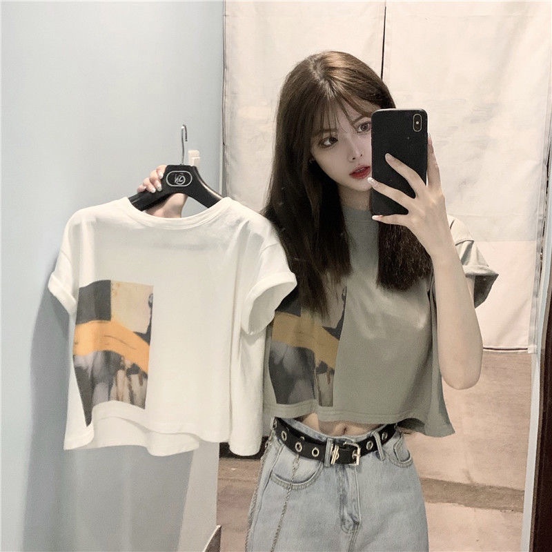 【WJZ】เสื้อยืดแขนสั้นคอกลมพิมพ์ลายสไตล์เกาหลีย้อนยุคสำหรับผู้หญิง【986】
