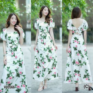 Maxi dress  ลายกุหลาบขาว แขนตุ๊กตา ดีเทล ติดกระดุม 2 เม็ดด้านหลัง