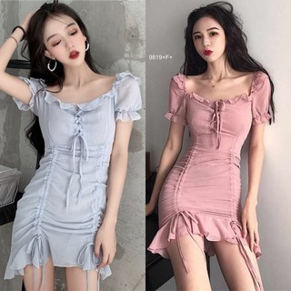 👗Pfashion [ส่งไว!!🚛] P9819 เดรสปาดไหลอกสายเชือกผูกโบว์ Off-the-shoulder halter neckline dress