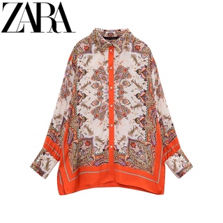 Zara ใหม่ เสื้อเชิ้ตแขนยาว คอปก พิมพ์ลาย แฟชั่นฤดูร้อน 7516293