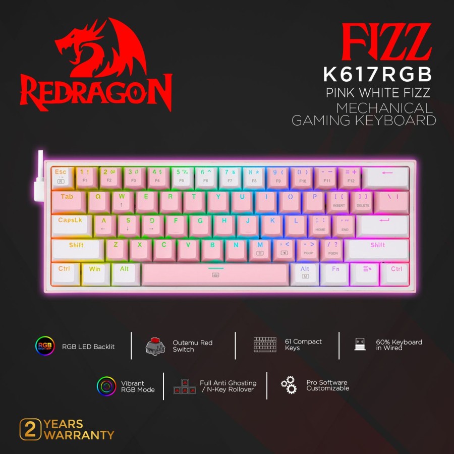 Redragon Mechanical Gaming Keyboard 60% PINK WHITE FIZZ - K617RGB