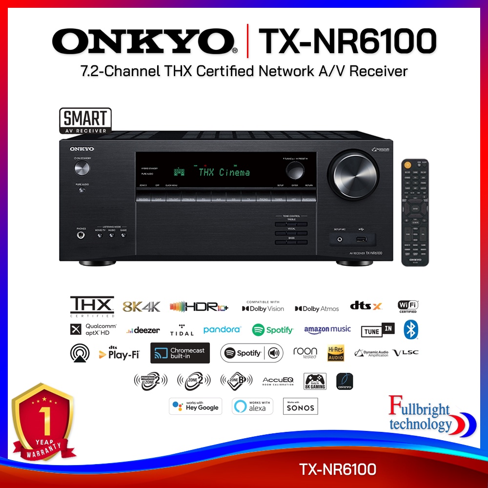 Onkyo TX-NR6100 7.2-Channel THX Certified AV Receiver 210 W/Ch รองรับ 8K  รับประกันศูนย์ไทย 1 ปี