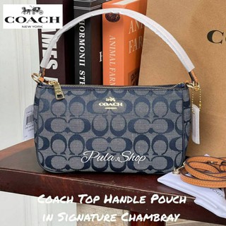 กระเป๋าสะพายไซส์มินิ Coach 36674 Top Handle Pouch in Signature Chambray