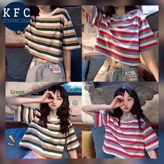 🌟KFC🌟🌈เสื้อยืดลายทาง เอวลอย ทรงหลวมนิดๆ พร้อมส่ง&gt;&gt;#335