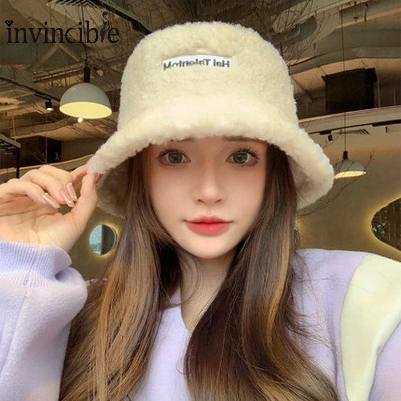 หมวกบักเก็ต ผ้าขนแกะ แบบหนา ให้ความอบอุ่น แฟชั่นฤดูใบไม้ร่วง และฤดูหนาว สไตล์เกาหลี สําหรับผู้หญิง