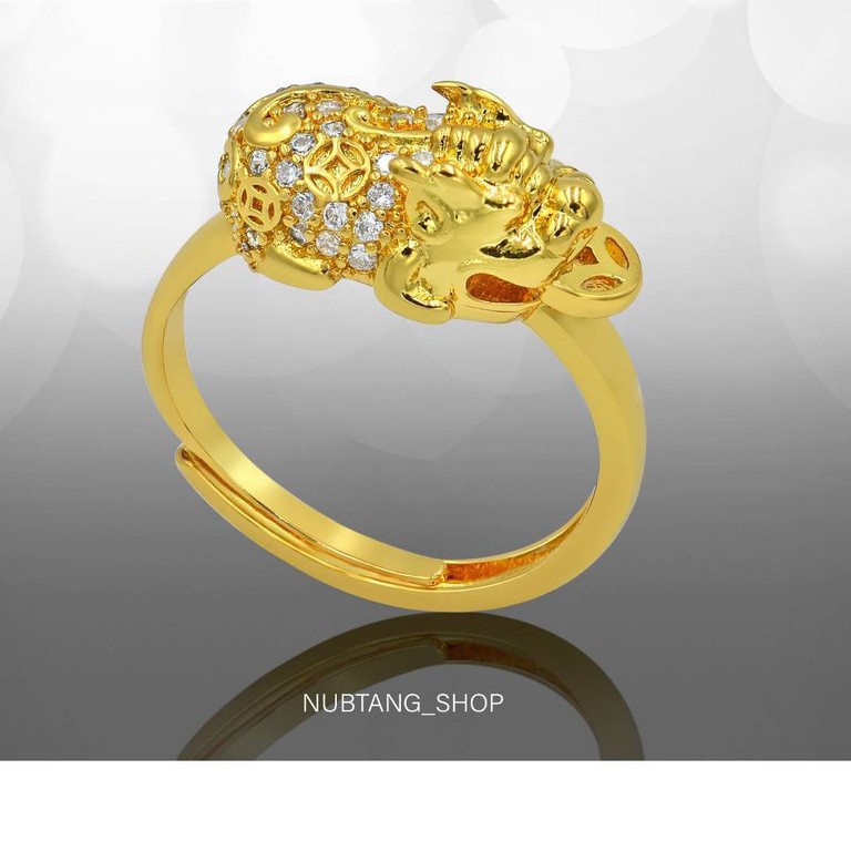 ของขวัญวันเกิดแฟน แหวนมินิมอล แหวนปี่เซียะ ปี่เซียะรุ่นคาบเหรียญ แหวนทองชุบ18k ประดับเพชรcz  ฟรีคาถาบูชา #109