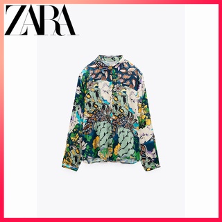 Zara ใหม่ เสื้อเชิ้ตแขนยาว คอปก พิมพ์ลาย กระดุมแถวเดียว สไตล์เรโทร ใส่สบาย สําหรับผู้หญิง