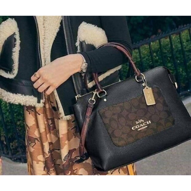 กระเป๋าCoach เอมม่าใบใหญ่ F34280 Emma Black Pebble Leather Brown Signature มือ1 ป้ายห้อย ใบเสร็จ แคร