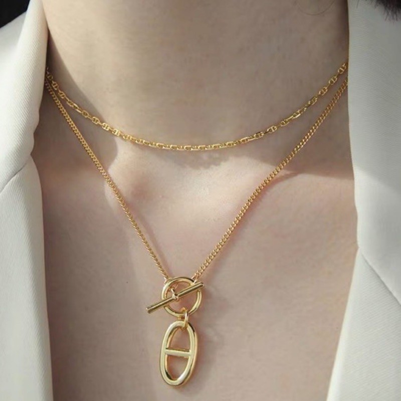 ยิงจริง❤ อินเทรนด์‎ ครั้งที่สอง สไตล์เกาหลีออกแบบสไตล์OTหัวเข็มขัดสร้อยคอหมูจมูกสร้อยคอโซ่คอโซ่ยาวโล