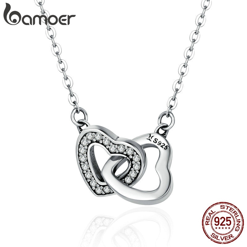 Bamoer สร้อยคอจี้หัวใจคู่เงินสเตอร์ลิง 925 ของขวัญสำหรับผู้หญิง SCN181