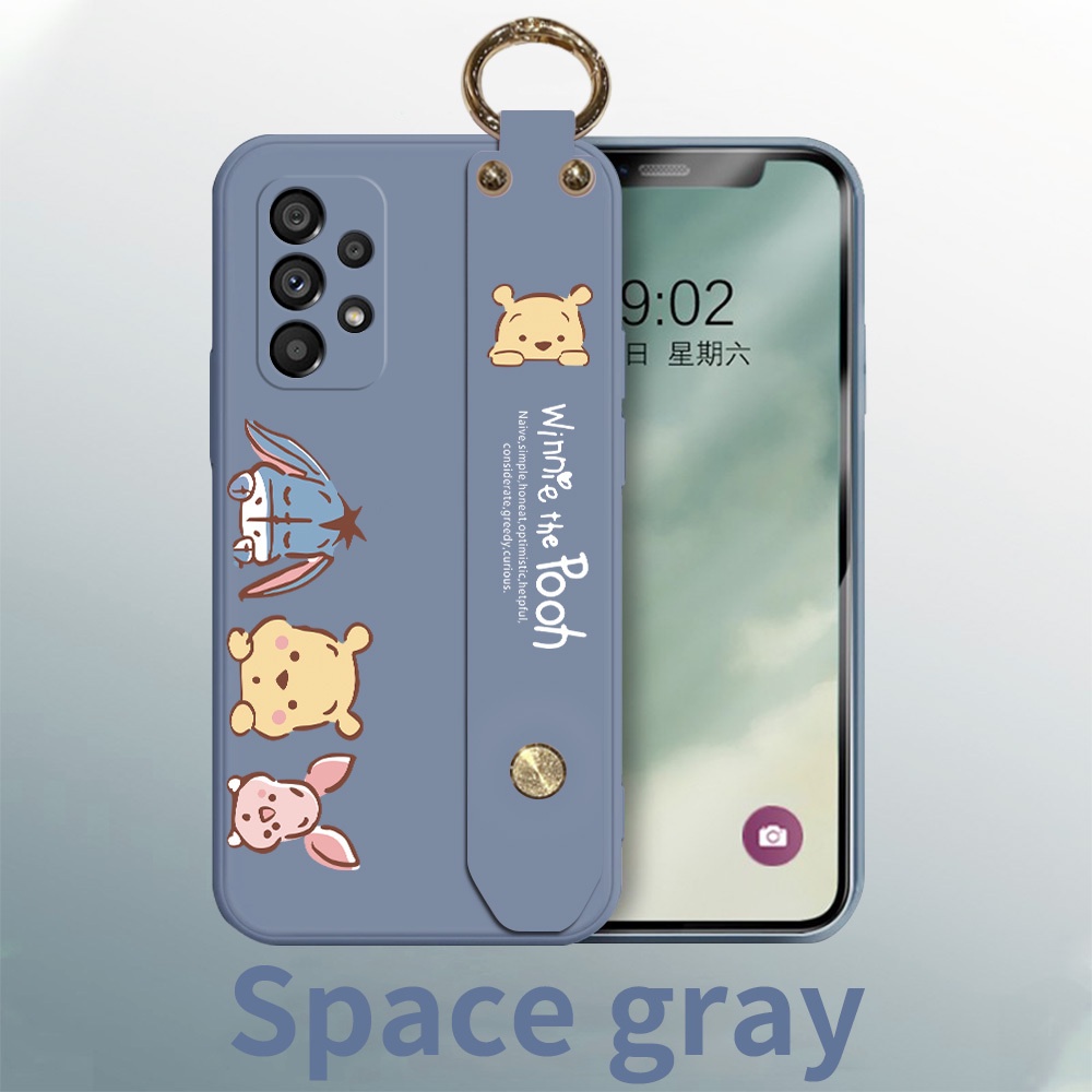 สําหรับ Samsung Galaxy A73 A53 A33 5G A13 A23 (ขาตั้งสายคล้องข้อมือ) เคสโทรศัพท์มือถือ ซิลิโคนเหลว ขอบสี่เหลี่ยม ลายการ์ตูนหมีพูห์