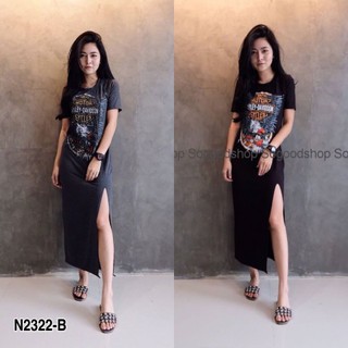 N2322เดรสยาวสุด มีแขนสั้น ผ่าหน้า