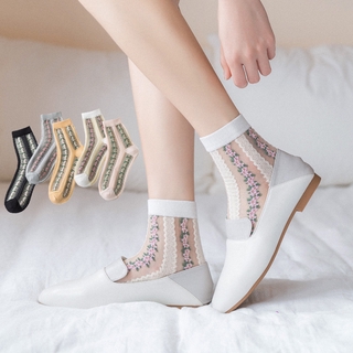 Flesh Colorful Striped Daisy Sheer Tulle Socks Floral Women Nylon Ruffle White Silk Glass Socks Lace Elastic Ultra Embroidered Mesh Socks