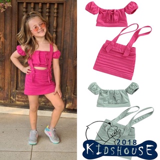 KHH-Little Girls 2PCS Skirt Outfits, Plain Buttons Short Sleeve Off-Shoulder Crop Camisole, Short Adjustable Suspender
