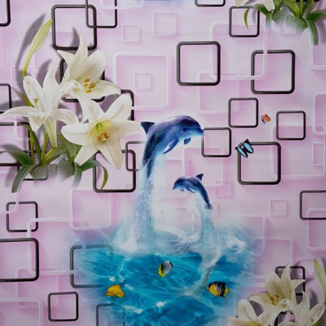 Wallpaper กาวในตัว เกรด A ลายปลาโลมา พื้นสีม่วงอ่อน สีสวย เนื้อ pvc กันน้ำ กว้าง 45 ซม. ยาว10เมตร #030
