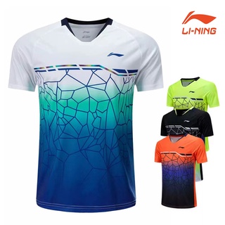 Li Ning ชุดเสื้อกีฬาแบดมินตัน แขนสั้น แบบแห้งเร็ว สําหรับผู้ชาย และผู้หญิง