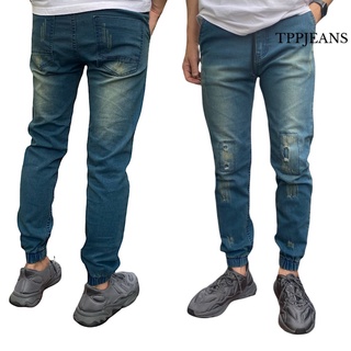 JEANSEXPRESS JOGEER Slim-fit กางเกงยีนส์ขาจั้มเอวยางมีเชือก สีบลูฟอกสนิมปะขาด Size 28-36 รับชำระปลายทาง