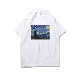 T-shirt  เสื้อยืดแขนสั้น ผ้าฝ้ายแท้ พิมพ์ลายภาพวาด Van Gogh Starry Sky ทรงหลวม สไตล์สตรีท สําหรับนักเรียนS-5XL