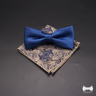 เซ็ทหูกระต่ายสีน้ำเงิน + ผ้าเช็ดหน้าสูท-Blue Bowtie + Pocket square