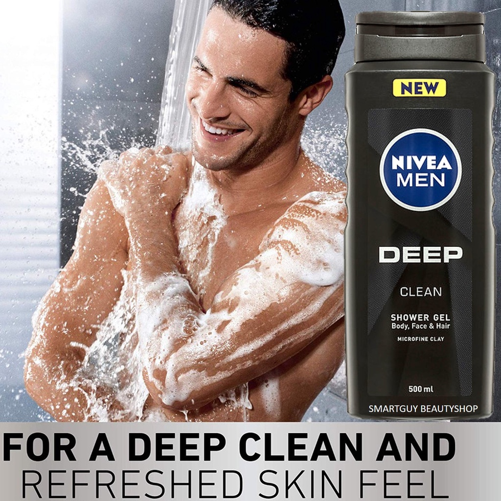 Nivea For Men Deep Refresh Shower Gel 500ml ผลิตภัณฑ์อาบน้ำทำความสะอาดผิวหน้าผิวกายและเส้นผมสำหรับผู้ชายจากต่างประเทศ