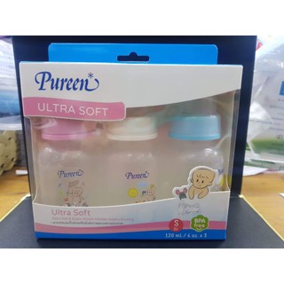 ขวดนม Pureen เพียวรีน แพค 3 ขวด พร้อมจุกนม ultra soft นุ่มพิเศษ 4 oz./ 8 oz.