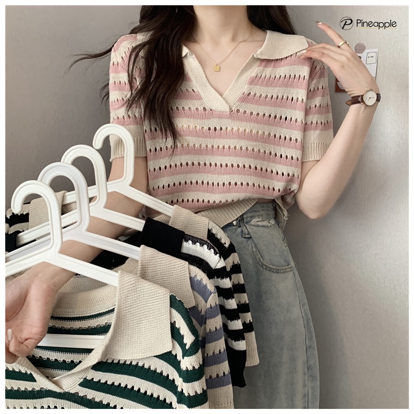 H337 เสื้อไหมพรมแขนสั้นคอปกซีทรูใส่สบายระบายดีมากสวยงาม เสื้อครอปถัก เสื้อลายทาง