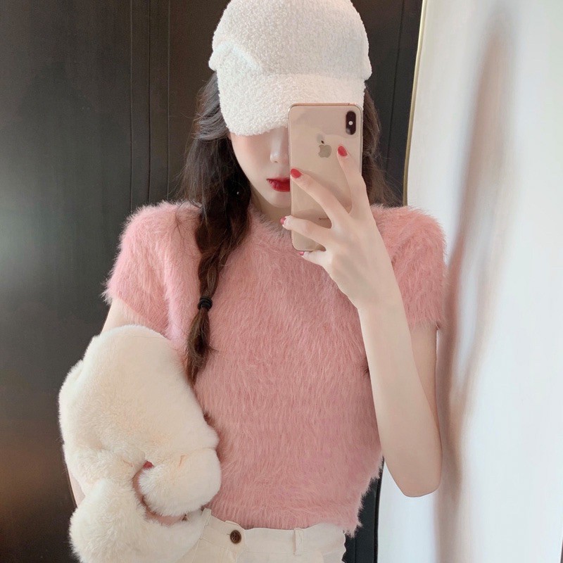 Sakura.official D1113/XH#เสื้อครอปเเขนสัน(เอวลอย)#เสื้อใหมพรมคอกลมเเต่งขน