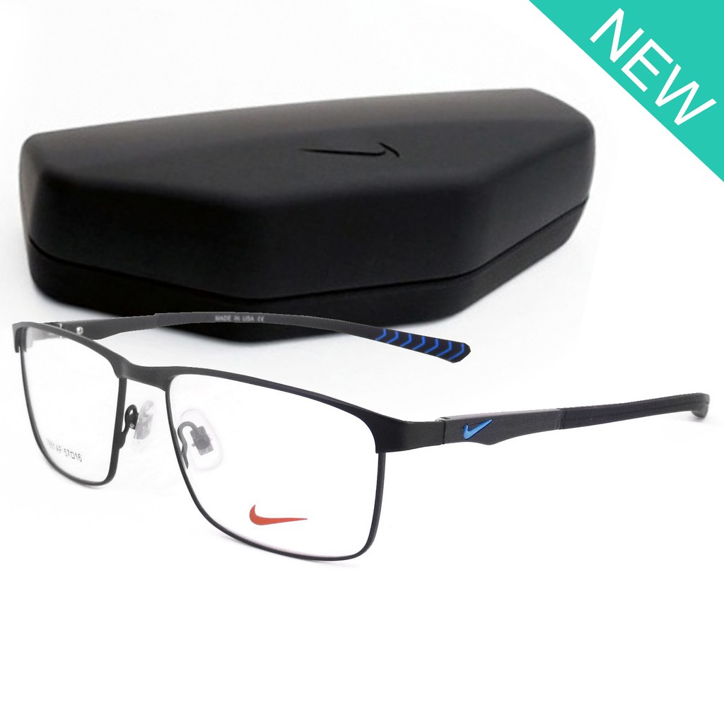 Nike Fashion แว่นตา สีดำโลโก้ฟ้า กรอบแว่นตา กรอบเต็ม ขาข้อต่อ วัสดุ สแตนเลส สตีล Eyewear Top Glasses