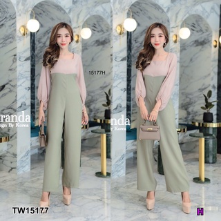 15177 Jumpsuit จั้มสูทขายาวแขนพองสีทูโทน Long-sleeved jumpsuit, puffy sleeves, two-tone color