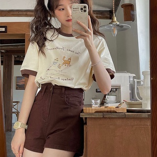 🌸 S-XL สาวฮอตย้อนยุคกางเกงขาสั้นสีน้ำตาลผู้หญิงเอวสูงบางฤดูร้อนใหม่สิ่งทอลายทแยงผ้ายีนส์กางเกงลำลอง ins