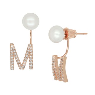 A.CEMI  Initial Pearl Stud Earrings- 1 Pair(Rose Gold) ต่างหูคู่มุกแท้ มุกแท้ ต่างหูเงินแท้ ชุบทอง 18K โรสโกลว์ ต่างหูตั