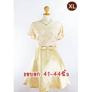 E2255-4-XL-ชุดเดรสคนอ้วน สีครีมทอง ผ้าลูกไม้และผ้าไหมเทียม กระโปรงย้วย