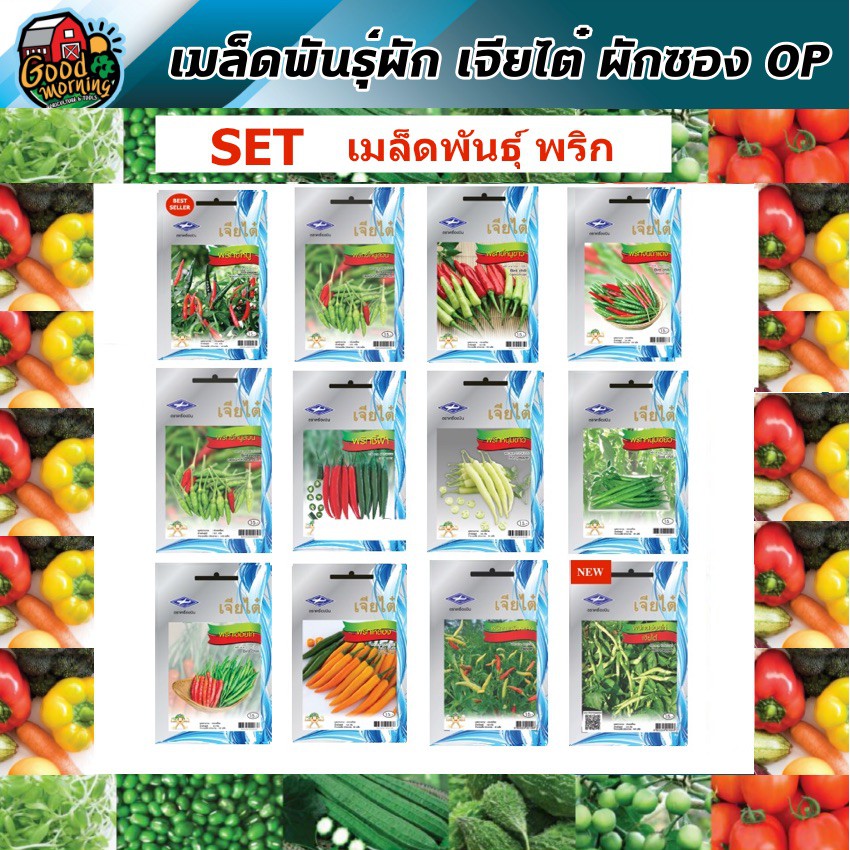 CHIATAI ผักซอง เจียไต๋ OP set เมล็ดพันธุ์พริก (12 ชนิด) ตราเครื่องบิน ผักซอง เจียไต๋ ผักสวนครัว เมล็ดพันธุ์
