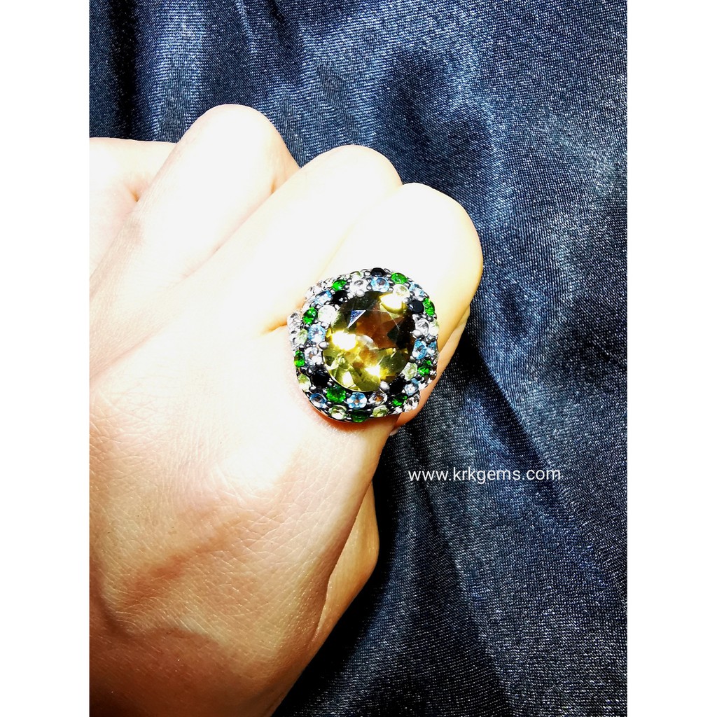 SMOKY QUARTZ TSAVORITE SKY BLUE TOPAZ ONYX LEMON QUARTZ WHITE TOPAZ RING